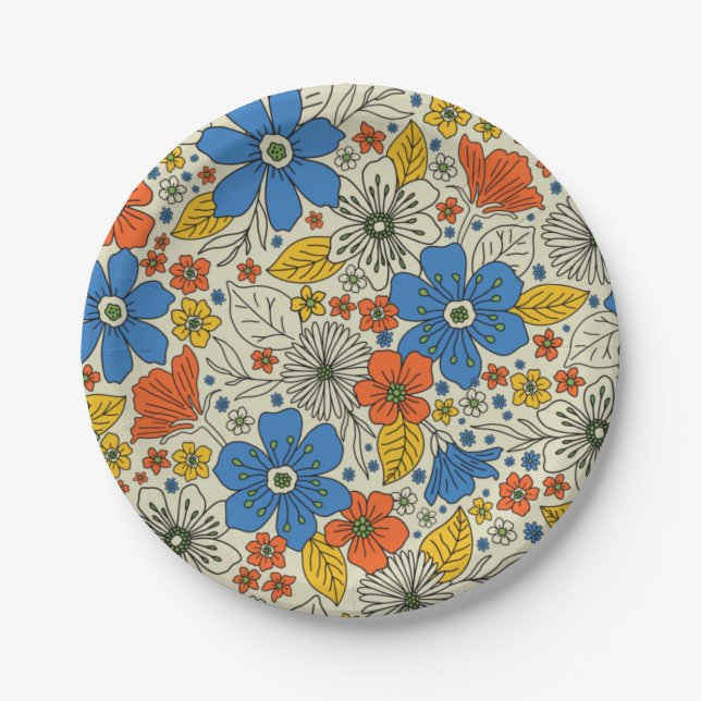 Retro Blue, Yellow & Orange Floral Paper Plate (Front)