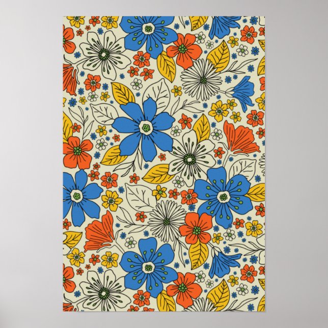 Retro Blue, Yellow & Orange Floral Poster (Front)
