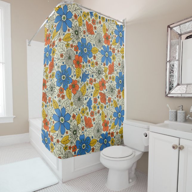 Retro Blue, Yellow & Orange Floral Shower Curtain (In Situ)