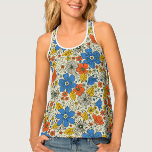 Retro Blue, Yellow & Orange Floral Tank Top
