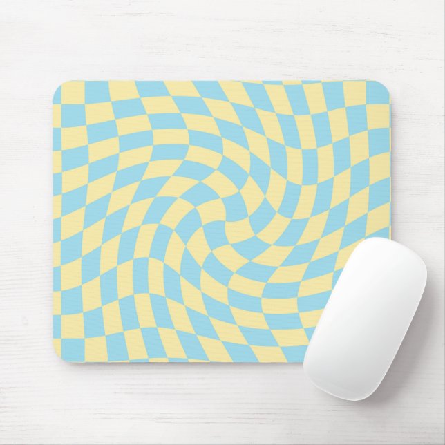 Retro Blue Yellow Pastel Warped Checkerboard  Mouse Mat (With Mouse)
