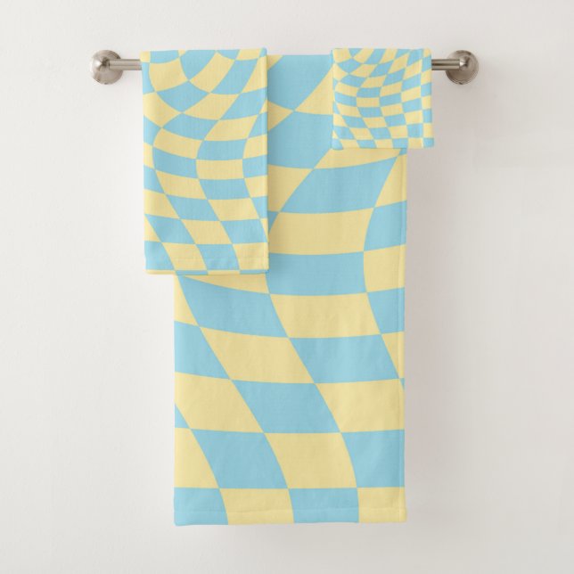 Retro Blue Yellow Pastel Warped Chequerboard  Bath Towel Set (Insitu)