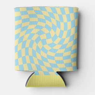 Retro Blue Yellow Pastel Warped Chequerboard Can Cooler