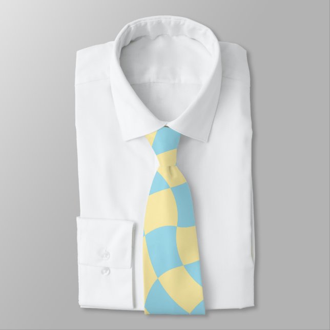 Retro Blue Yellow Pastel Warped Chequerboard  Tie (Tied)