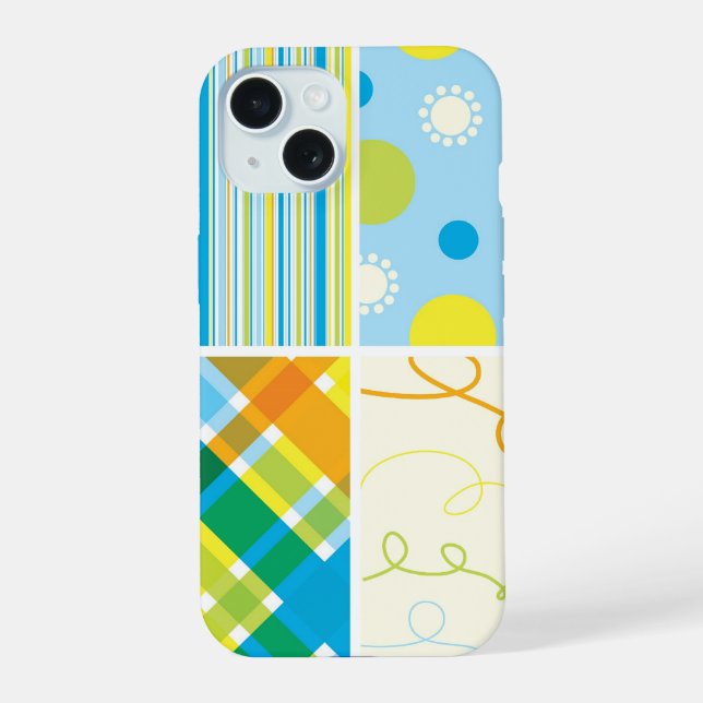 Retro Blue Yellow Plaid Pattern Dots Scribbles iPhone 15 Case (Back)