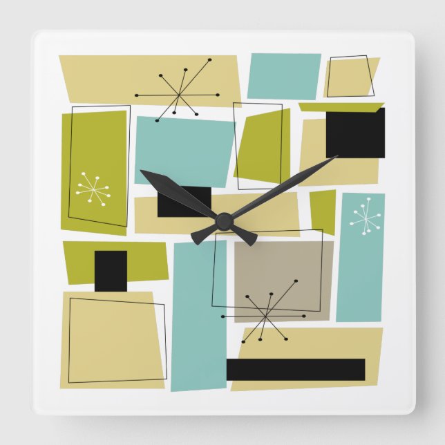 Retro Blue Yellow Squares Mid Century Modern Squar Square Wall Clock (Front)