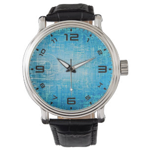Retro Blueprint Artistic Watch – Vibrant and Blue