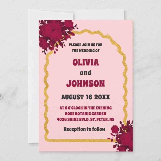 Retro Blush Burgundy Floral Gold Arch Frame Invitation (Front)