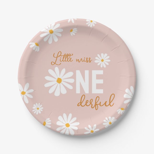 Retro Blush Pink Daisy First Birthday Paper Plate (Front)
