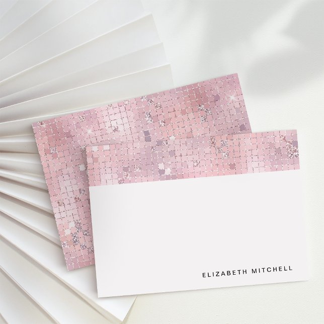 Retro Blush Pink Disco Ball Mirror | Monogram Card (Glam, disco-inspired note cards)