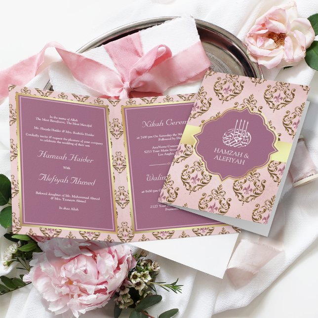 Retro Blush Pink Purple Gold Damask Muslim Wedding Invitation (Creator Uploaded)