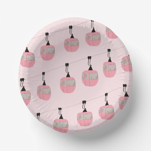 Retro Blush Pink Ski Gondola Lift Skiers  Paper Plate (Front)