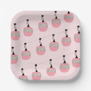 Retro Blush Pink Ski Gondola Lift Skiers Paper Plate