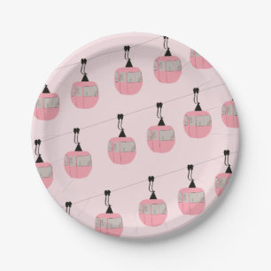 Retro Blush Pink Ski Gondola Lift Skiers Paper Plate