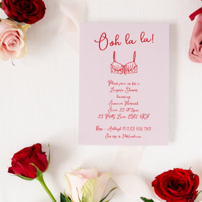 Retro Blush & Red Hand Drawn Bra Lingerie Shower Invitation (Creator Uploaded)