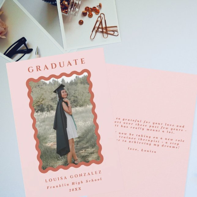 Retro Blush & Terracotta Waves Photo Graduation Announcement (Creator Uploaded)