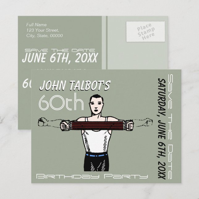 Retro Bodybuilding 60th Birthday Save the Date Announcement Postcard (Front/Back)
