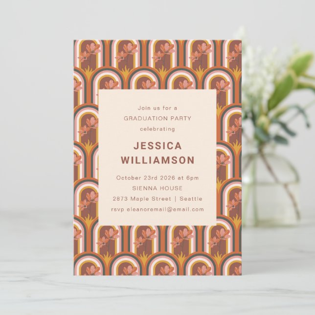 Retro Bohemian Autumn Terracotta Floral Graduation Invitation (Standing Front)