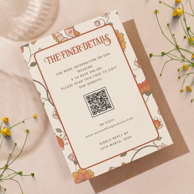 Retro Bohemian Floral Wedding Details QR Code Enclosure Card | Zazzle