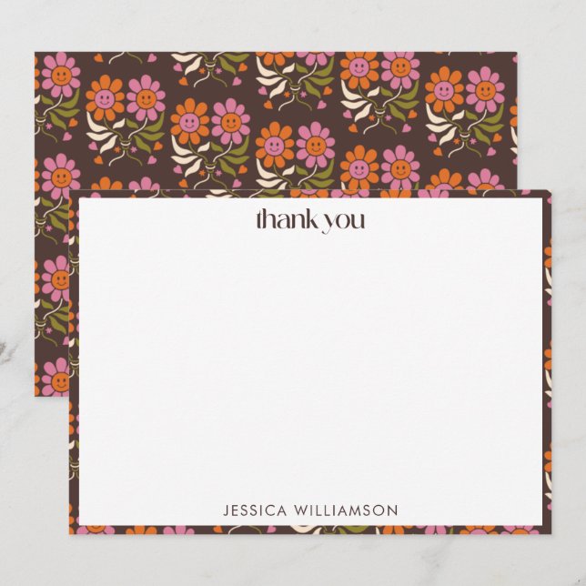Retro Boho 70s Floral Groovy Baby Shower Custom Thank You Card (Front/Back)
