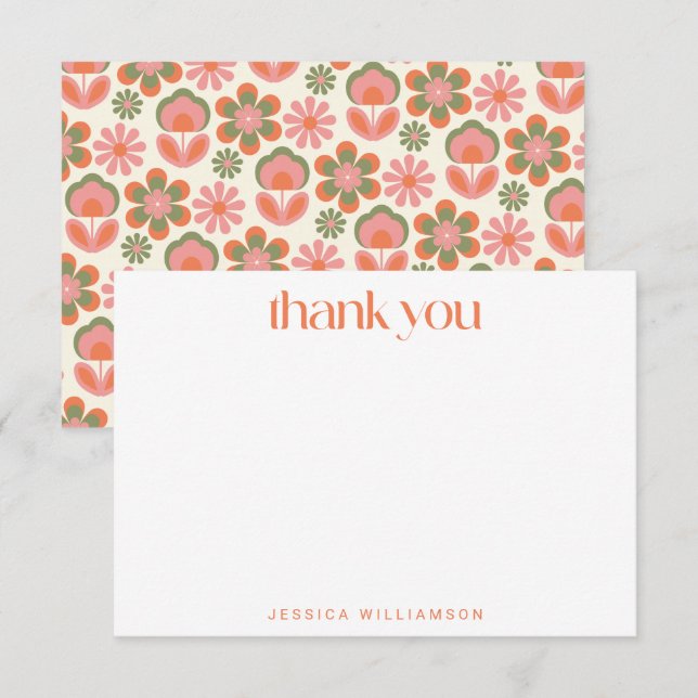Retro Boho 70s Flowers Pink Custom Bridal Shower Thank You Card (Front/Back)