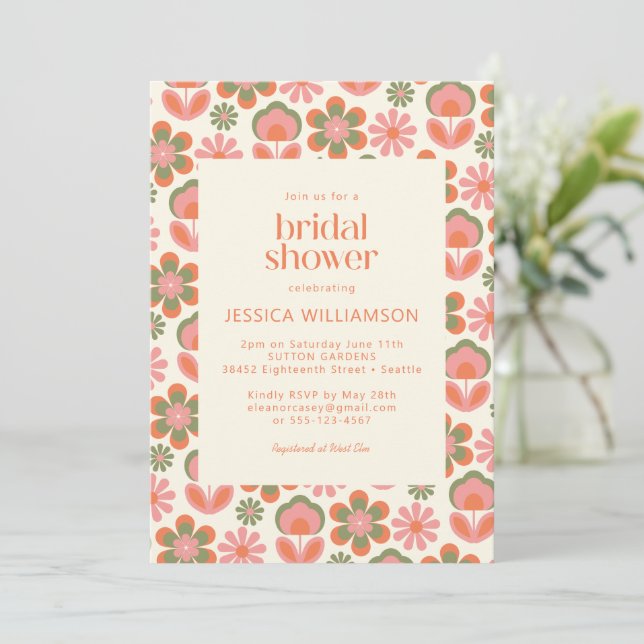 Retro Boho 70s Flowers Pink Green Bridal Shower Invitation (Standing Front)