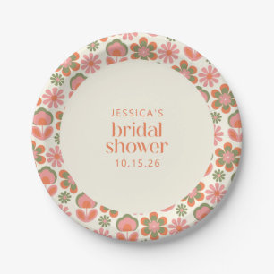 Retro Boho 70s Flowers Pink Green Bridal Shower Paper Plate