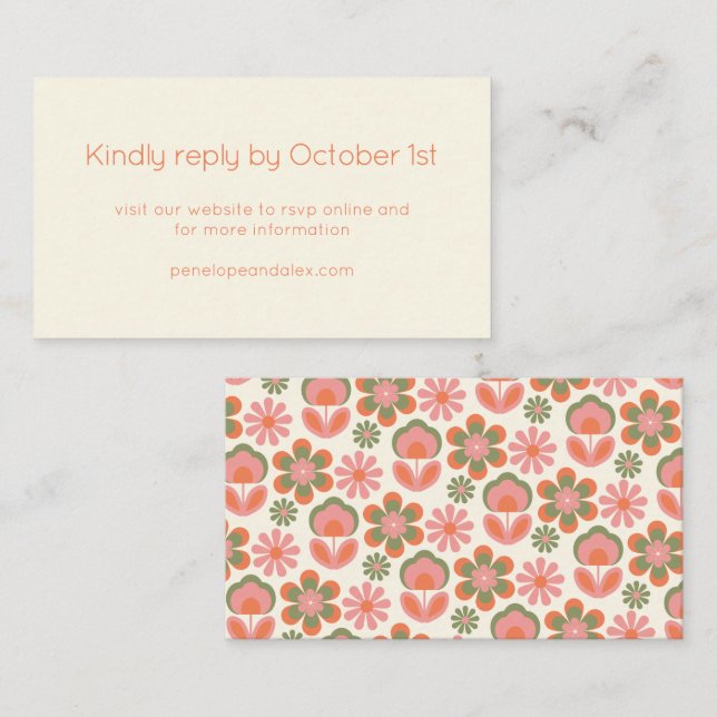 Retro Boho 70s Flowers Pink Green Wedding RSVP Enclosure Card (Front/Back)