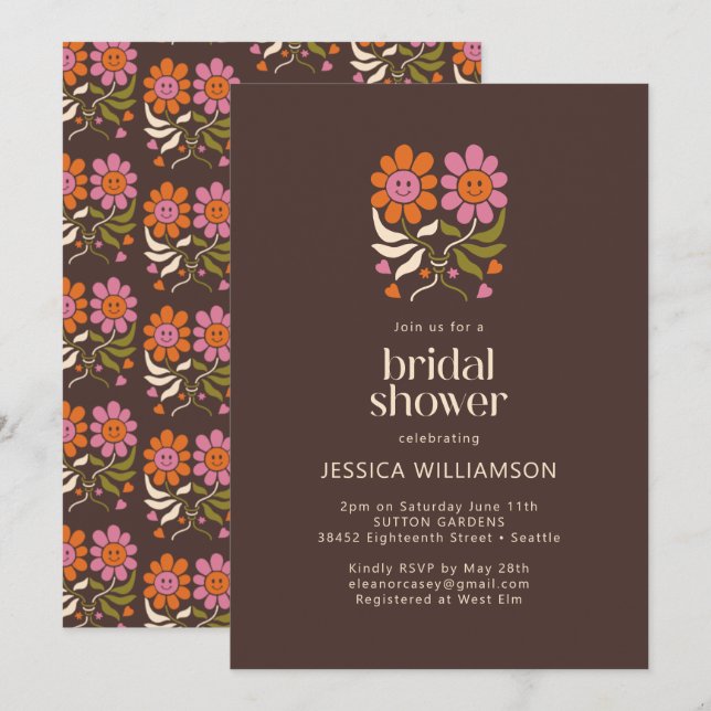 Retro Boho 70s Smile Floral Groovy Bridal Shower Invitation (Front/Back)
