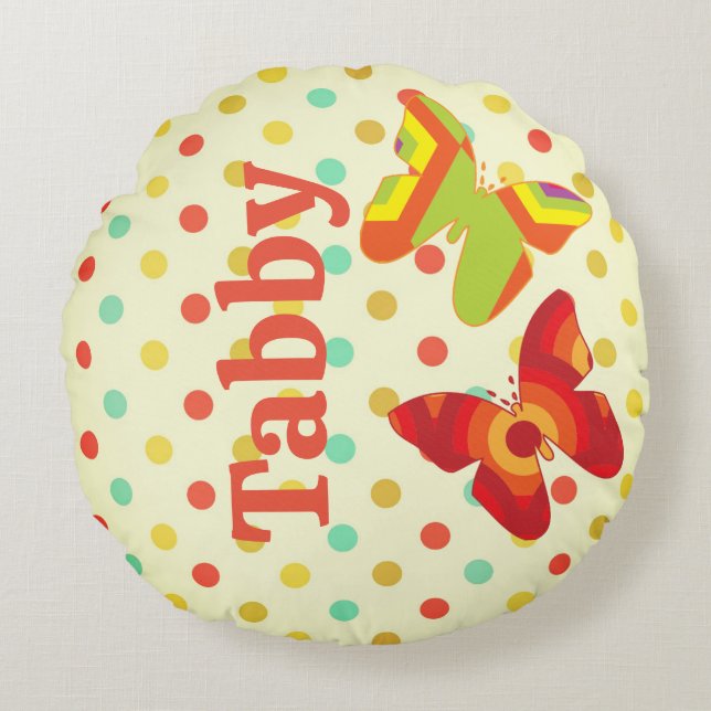 Retro boho 70's stripe polka dot butterfly orange  round cushion (Front)