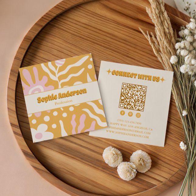 Retro Boho Abstract QR Code Social Media  Square Business Card (Creator Uploaded)