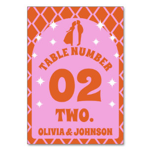 Retro Boho Arch Pink Orange Couple's Photo Table Number