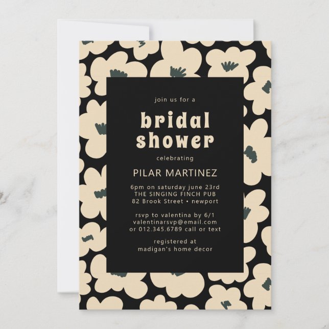 Retro Boho Black White Floral Bridal Shower Invitation (Front)