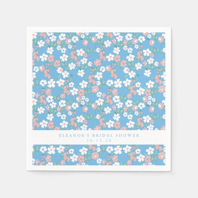 Retro Boho Blue Ditsy Floral Custom Bridal Shower  Napkin (Front)
