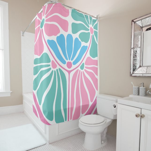 Retro Boho Blue Pink green Shower Curtain (In Situ)