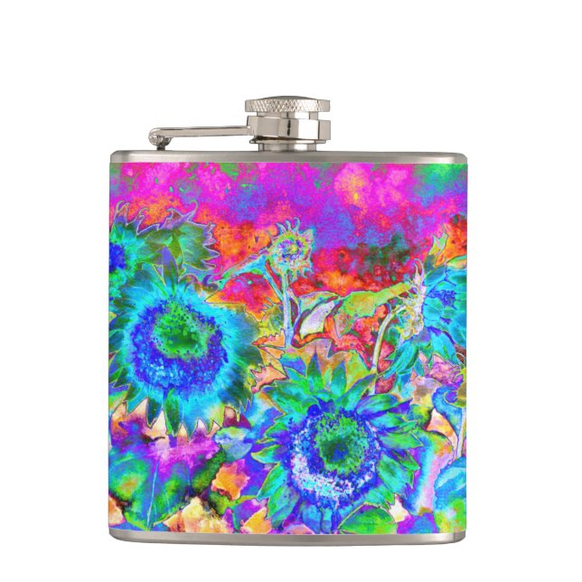 Retro boho blue purple pink flowers hip flask (Front)