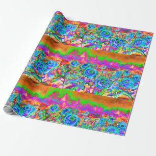 Retro boho blue purple pink flowers wrapping paper