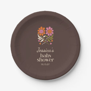 Retro Boho Brown Flower Groovy Baby Shower Custom Paper Plate