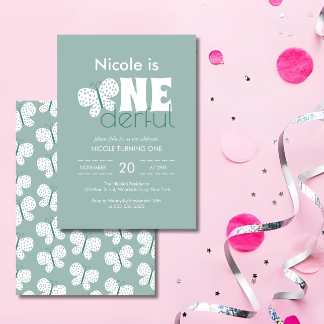 Retro Boho Butterfly 1st Birthday Dusty Blue Invitation (Creator Uploaded)