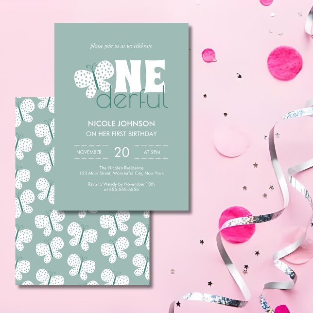 Retro Boho Butterfly Kids 1st Birthday Dusty Blue Invitation (Creator Uploaded)