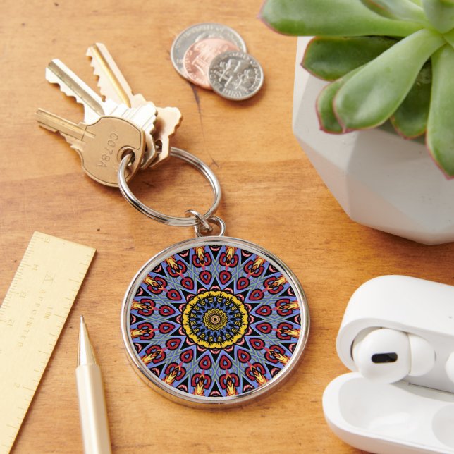 Retro Boho Chic Bohemian Hippie Rosette Mandala Key Ring (Desk)
