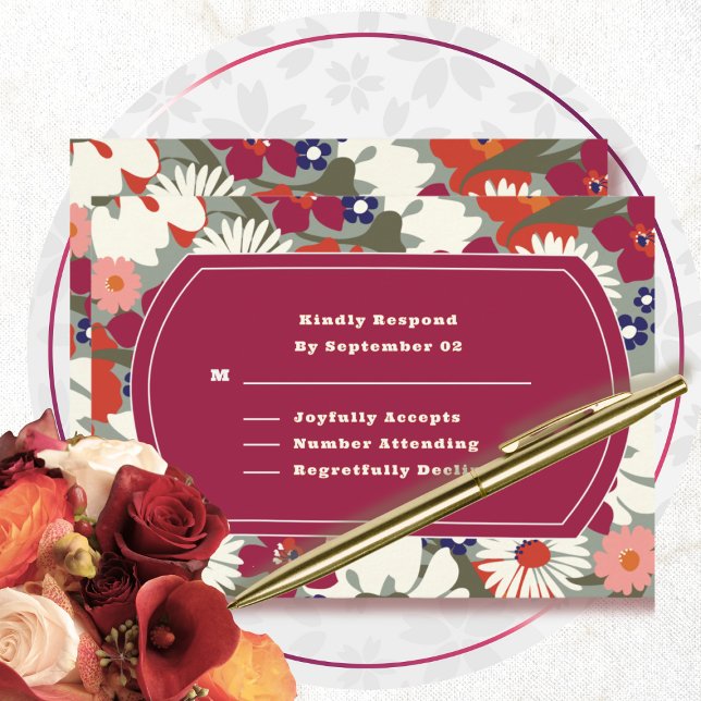 Retro Boho Chic Floral Burgundy Wedding RSVP (Creator Uploaded)