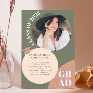 Retro boho circle green brown 5 photos graduation invitation