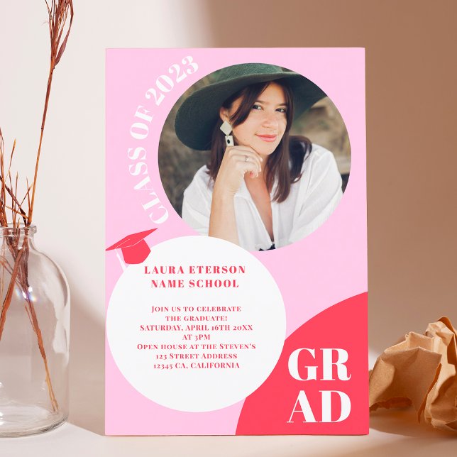 Retro boho circle red pink 5 photos graduation invitation (Creator Uploaded)