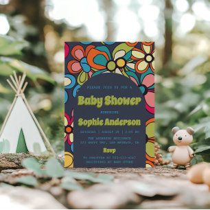 Retro Boho Colourful 70s Floral Baby Shower Party Invitation