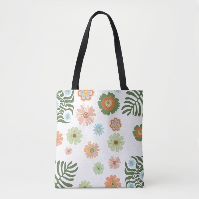 retro boho colourful floral stylish tote bag (Front)