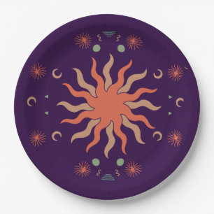 Retro Boho Coral and Purple Sun and Moon Paper Plate