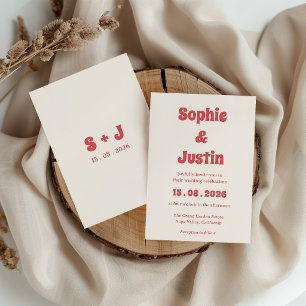 Retro Boho Coral Typography Wedding Invitation