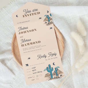 Retro Boho Cream Cactus Desert Destination Wedding All In One Invitation