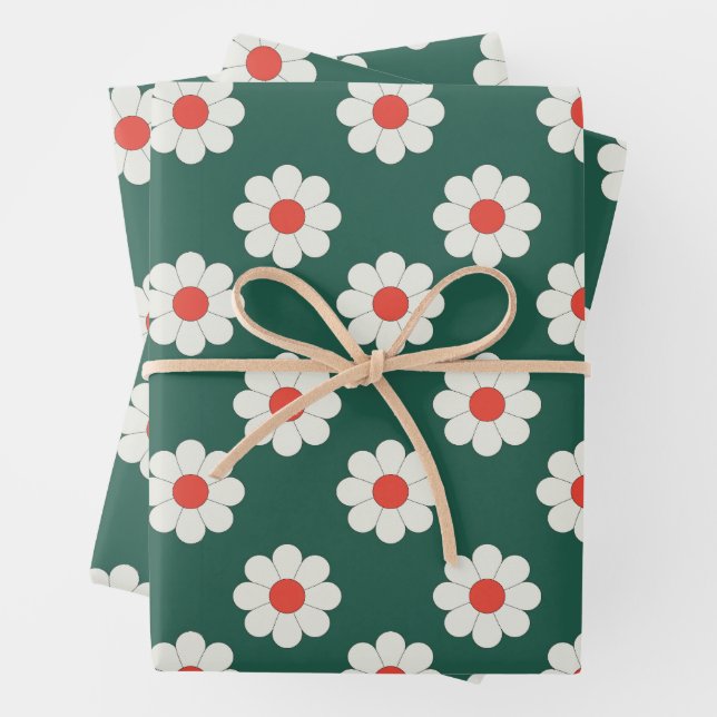 Retro Boho Daisy Holiday Gift Wrapping Paper Sheet (In situ)